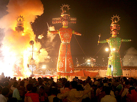 Effigies of Ravana, Kumbh karan and Meghnad being burnt to celebrate Dussehra